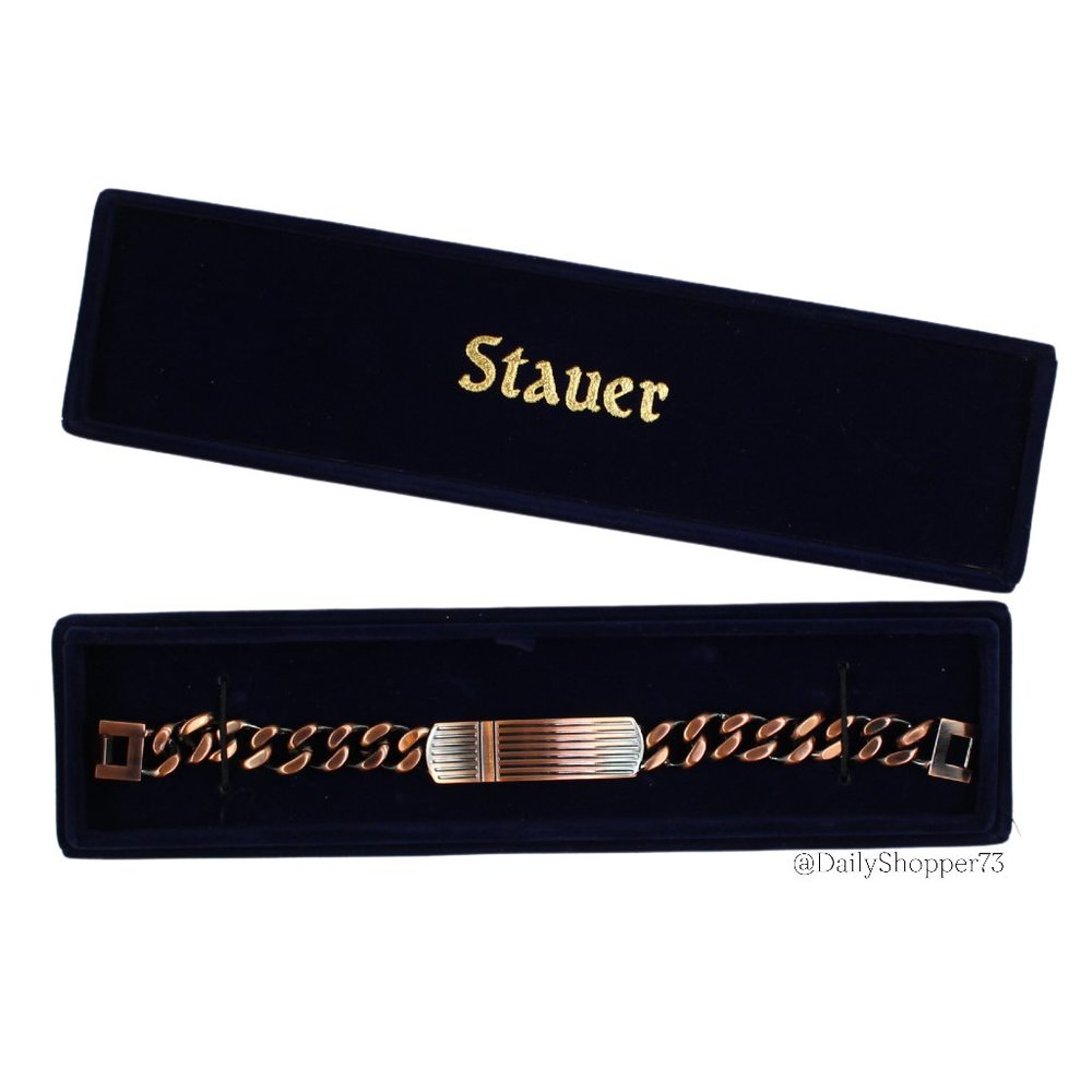 Stauer Men's Rose Gold Copper Toned Striped Plaque Cuban Chain Bracelet